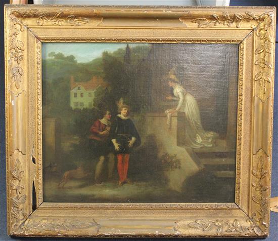 H. Bouvarde (19th C.) Lovers at the doorway, 20 x 24in.